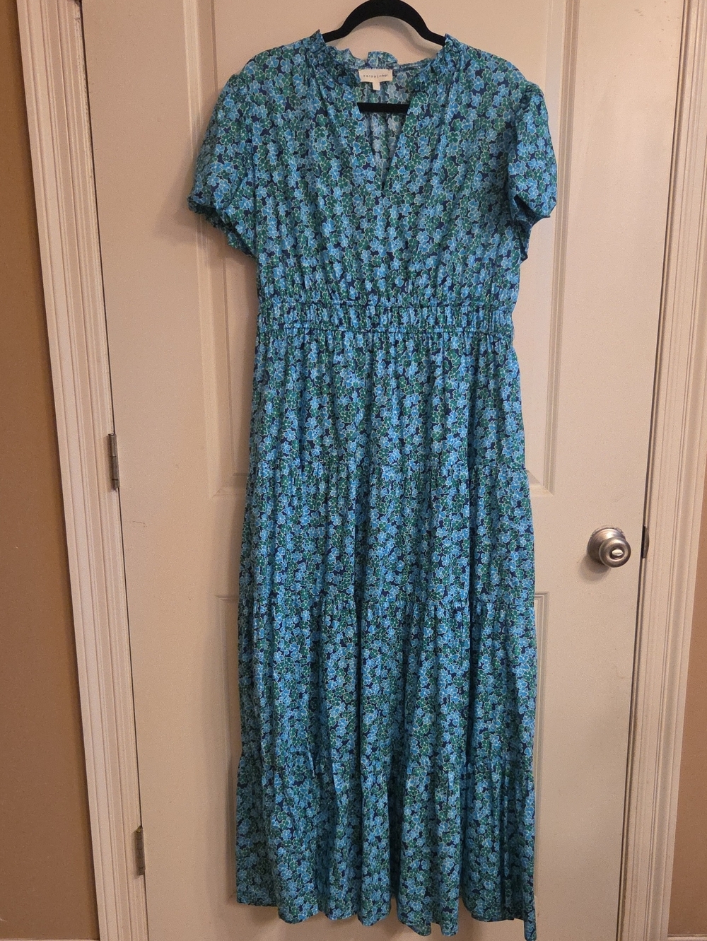 Blue Floral Short-Sleeve Maxi Dress